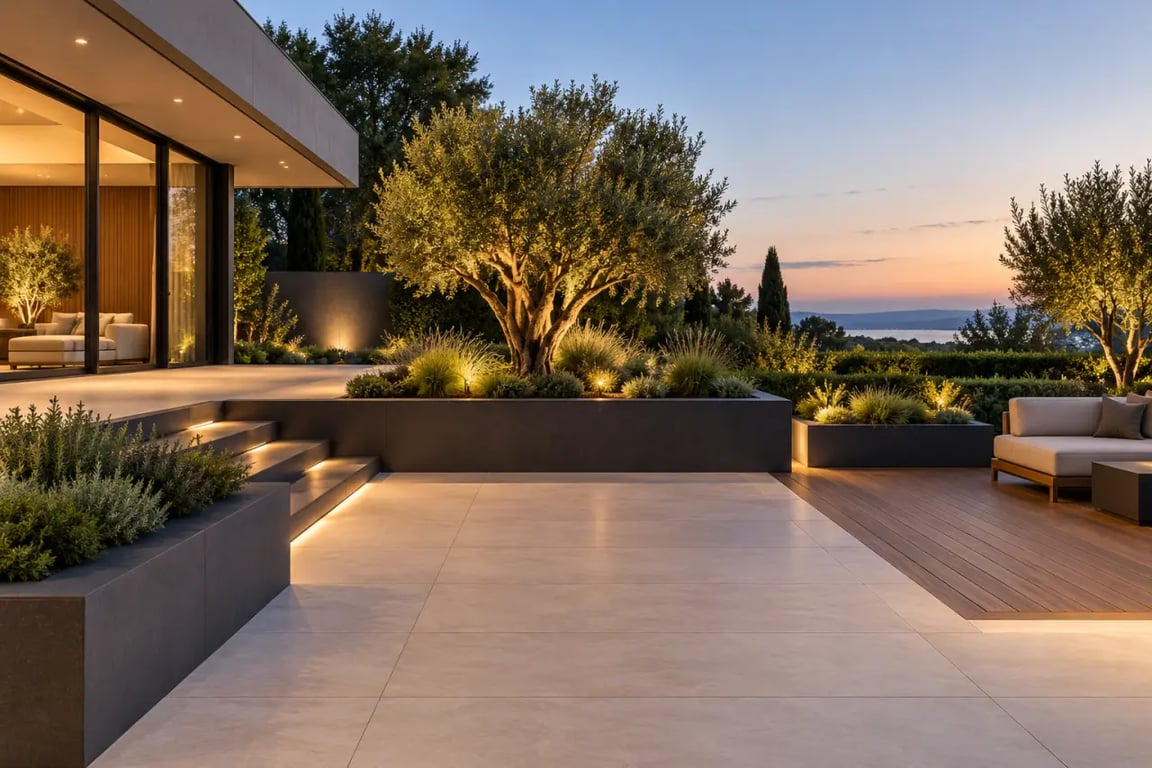 Décoration de jardin moderne avec terrasse minérale, végétation structurée et éclairage discret