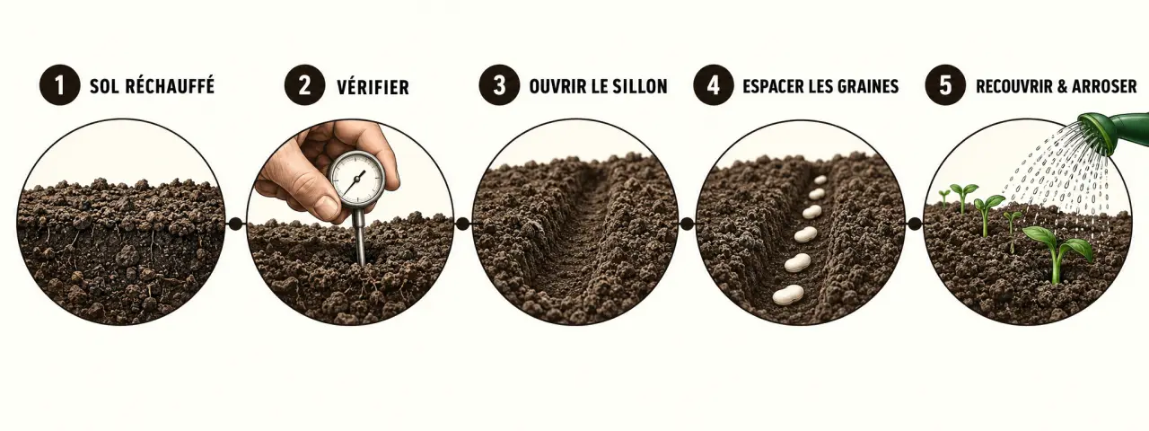 Illustration des étapes pour semer des haricots verts au potager