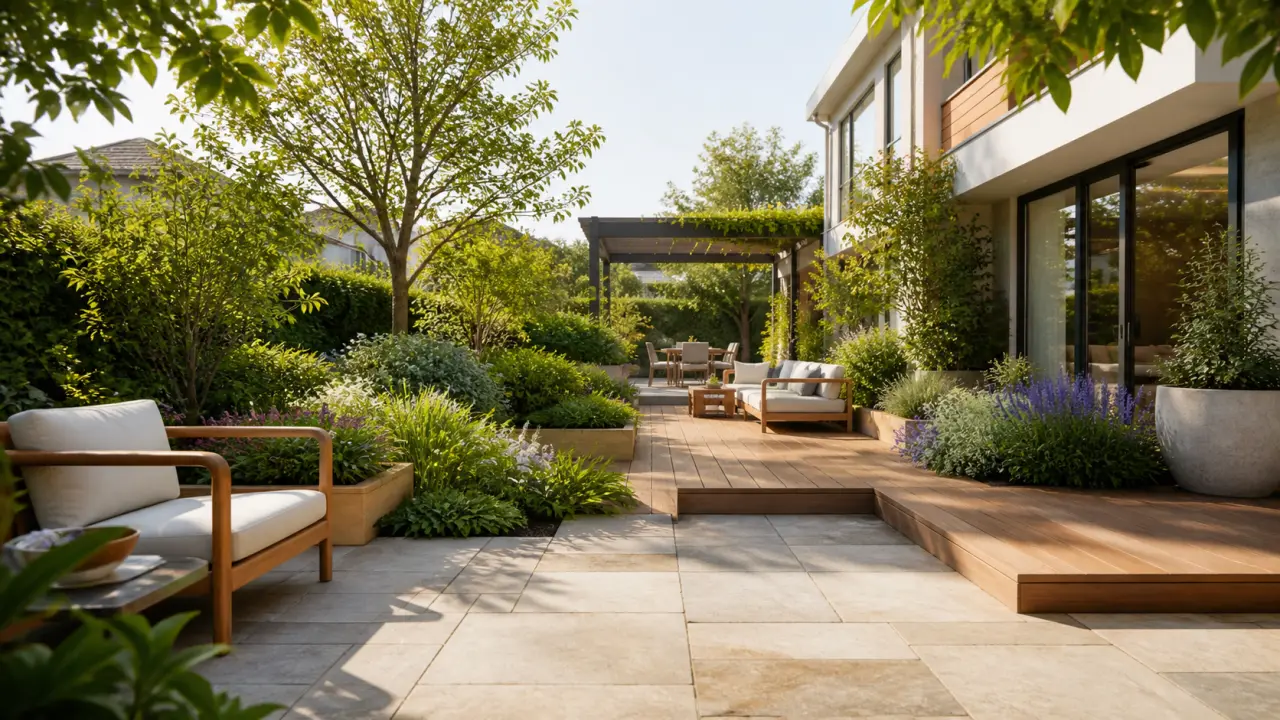 Transition entre une esquisse de jardin et une terrasse-jardin contemporaine, lumineuse et végétalisée