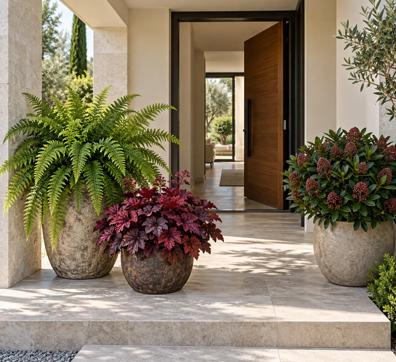 Plante pour entrée de maison extérieur à l'ombre avec fougère, heuchères et skimmia