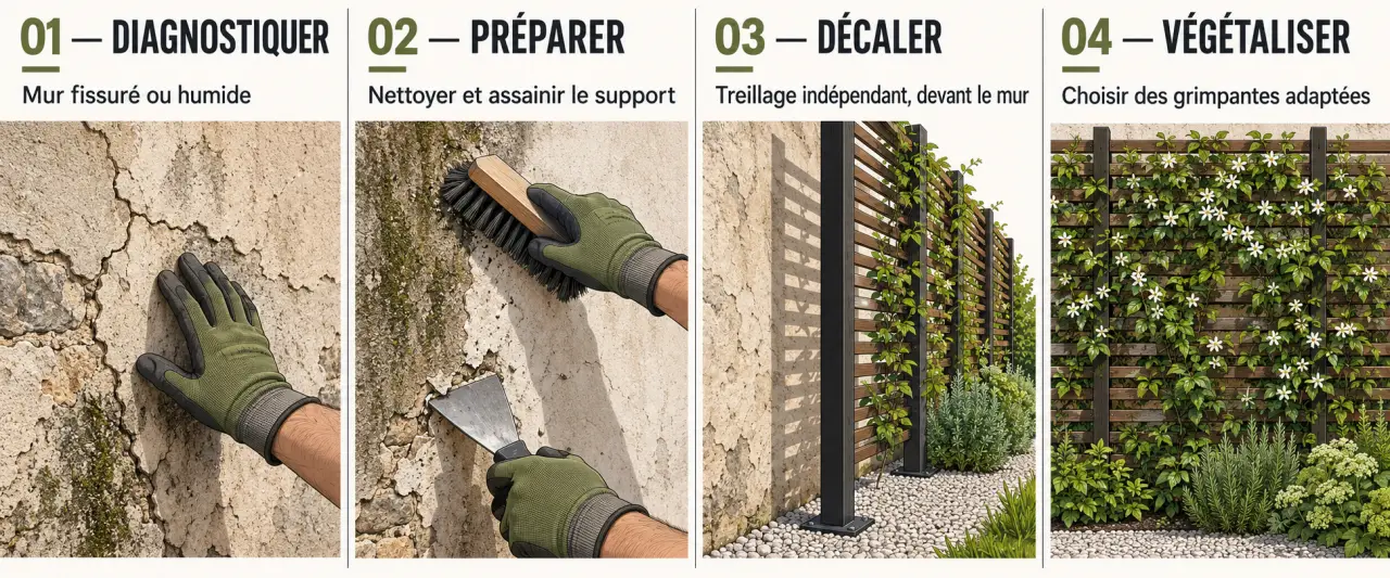 Étapes pour savoir comment cacher un vilain mur extérieur avec un écran indépendant et des plantes grimpantes