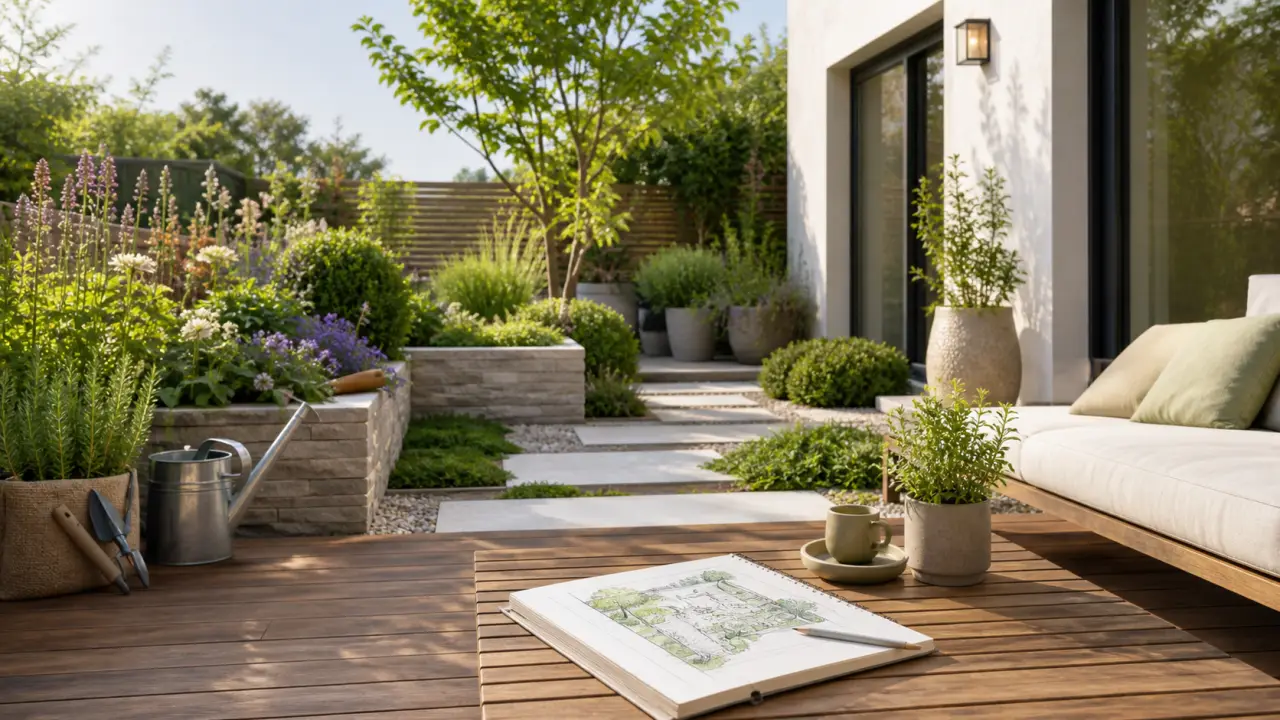 Croquis de terrasse-jardin se transformant en jardin paysager lumineux