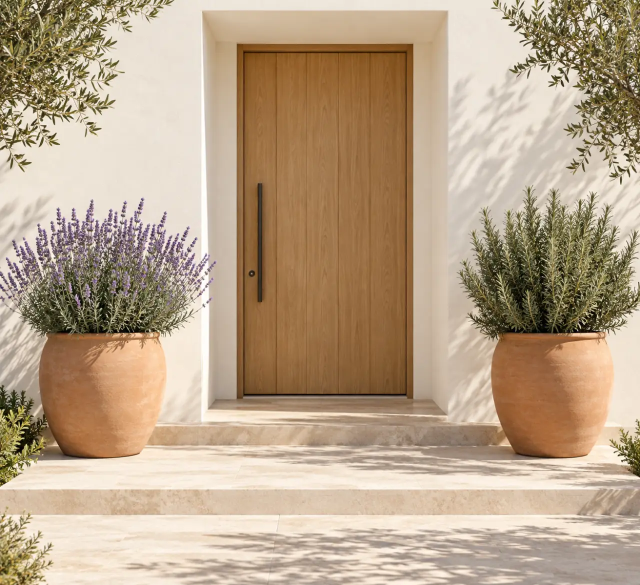 Plante pour entrée de maison extérieur au soleil avec lavande et romarin en pots