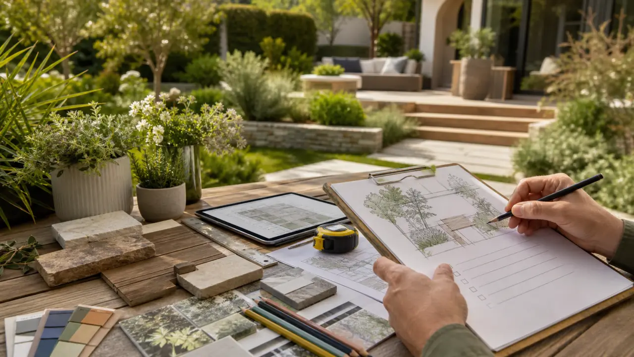 Esquisse de terrasse sur-mesure se transformant en jardin photoréaliste