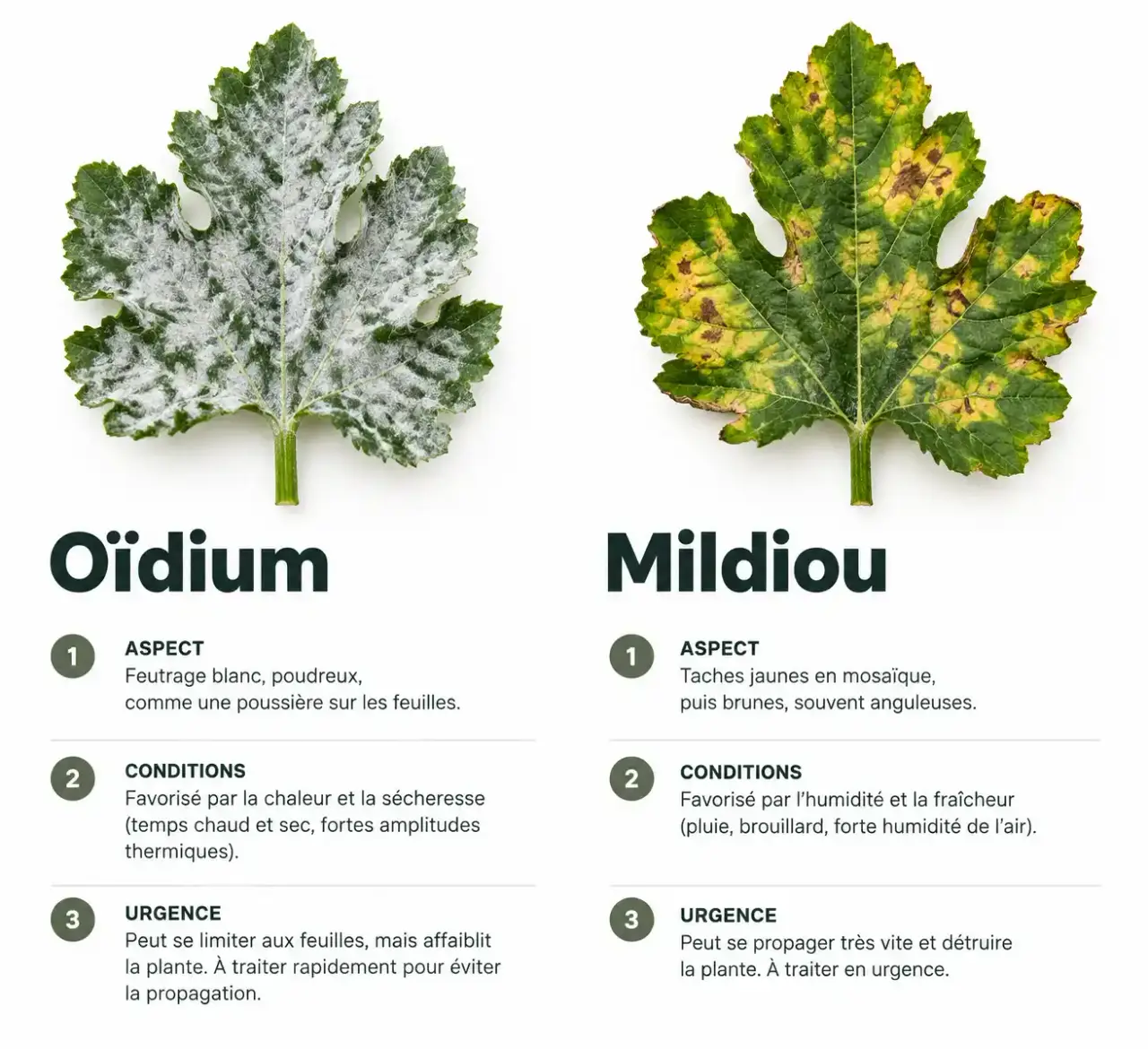 Traitement courgette maladie : comparaison d'une feuille atteinte d'oïdium et d'une feuille atteinte de mildiou