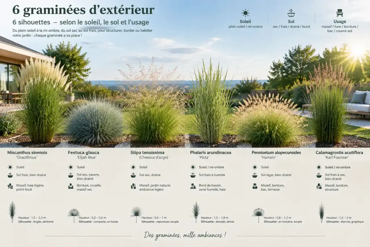 Plante graminée extérieur : 6 silhouettes selon le soleil, le sol et l’usage