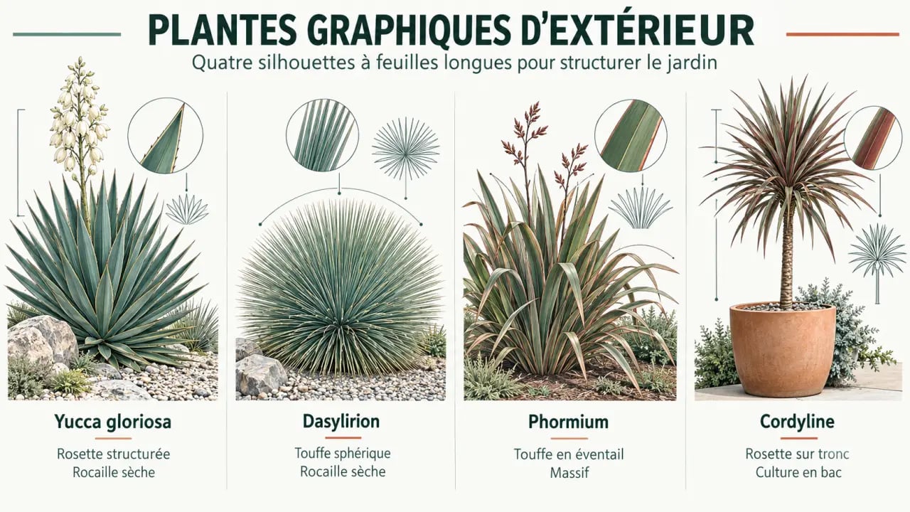 Plante longue feuille pointue extérieur : planche comparative de yucca, dasylirion, phormium et cordyline