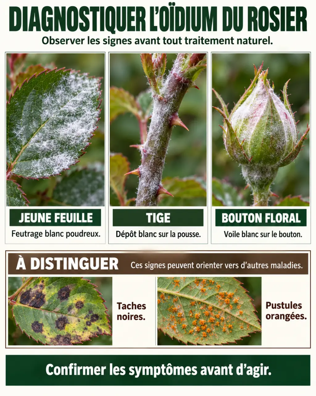 Diagnostic visuel de l’oïdium du rosier avant un traitement naturel