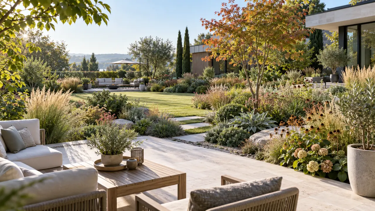 Jardin contemporain aménagé pour offrir des ambiances végétales au fil des quatre saisons