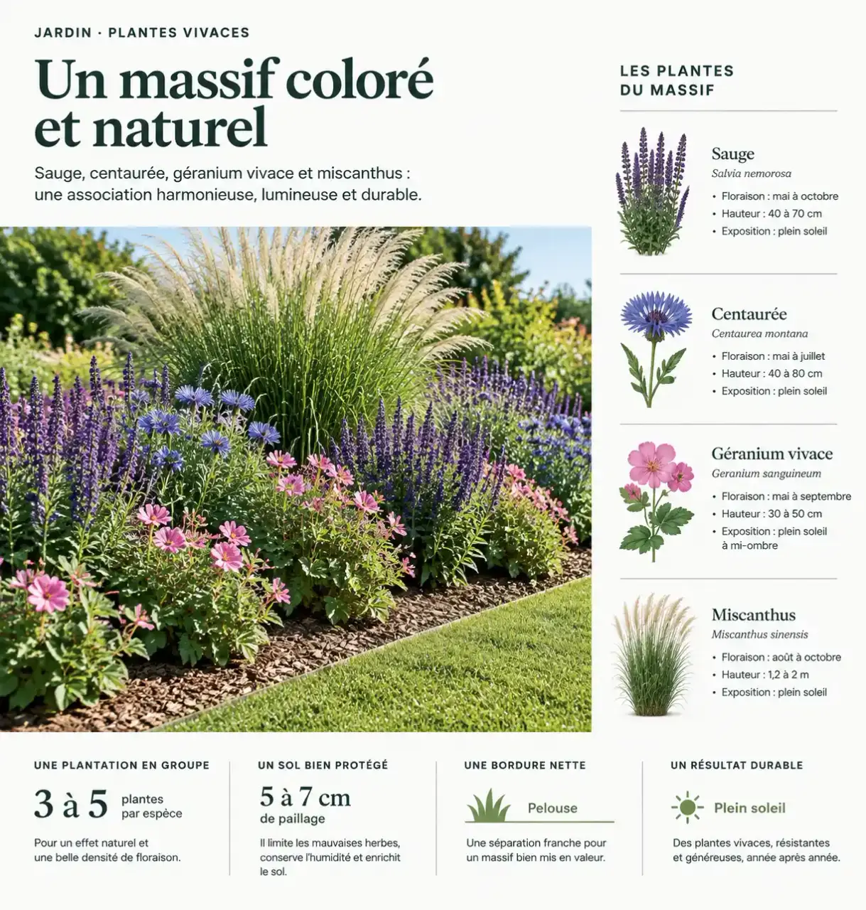Parterre de fleurs ensoleillé associant sauges, centaurées, géraniums vivaces et miscanthus