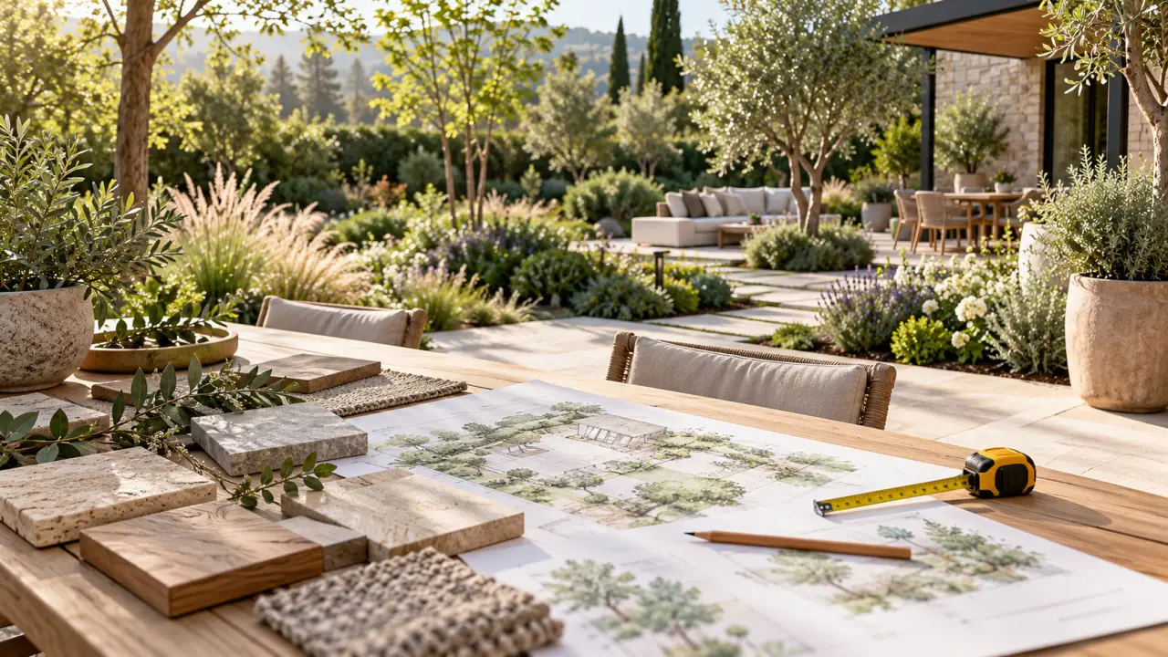 Esquisse d'un jardin paysager évoluant vers un extérieur aménagé et végétalisé