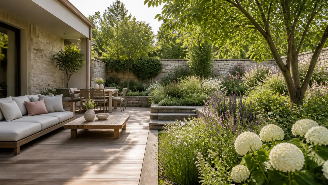 Terrasse paysagère contemporaine, entre esquisse de conception et jardin réalisé, baignée de lumière