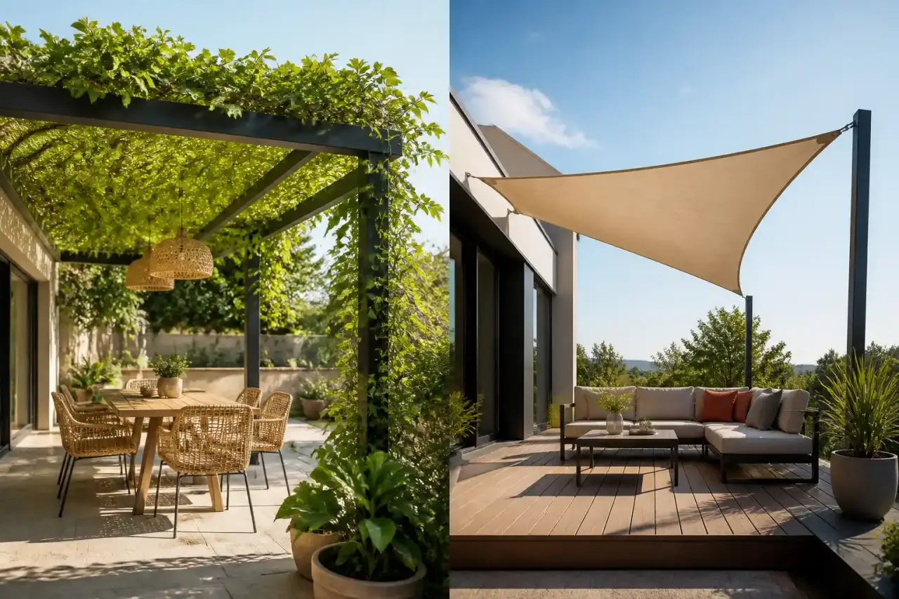 Terrasse d’été avec pergola végétalisée et voile d’ombrage dans un jardin contemporain