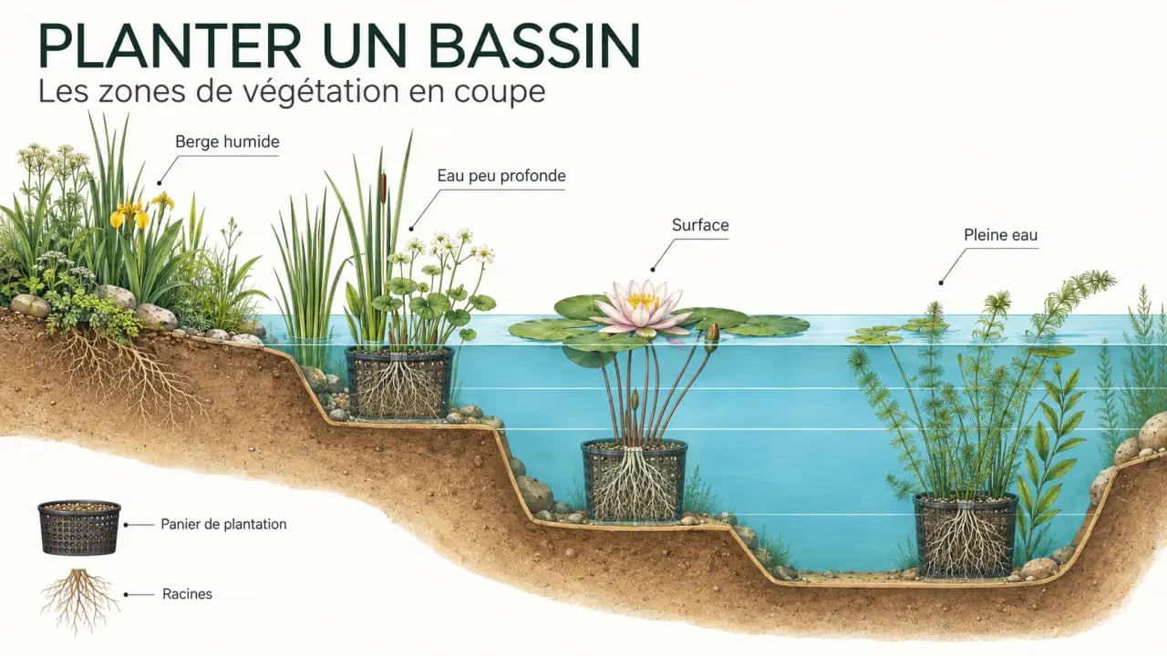 Schéma des zones d’une plante pour bassin extérieur, de la berge aux plantes immergées