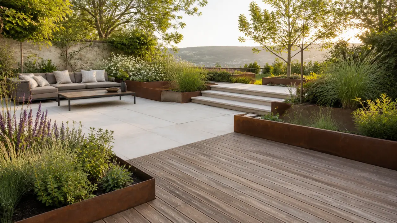 Terrasse contemporaine mêlant esquisse paysagère et jardin lumineux