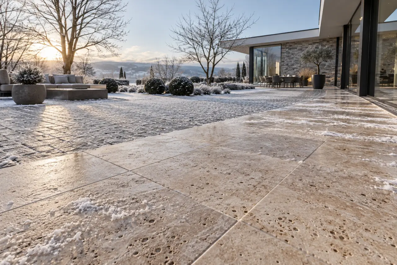 Pierre pour terrasse extérieure : travertin ou granit, quelle solution résiste le mieux à l’hiver ?