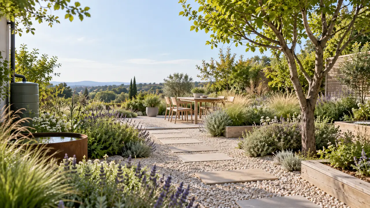 Jardin paysager élégant et durable avec terrasse, plantations et matériaux naturels