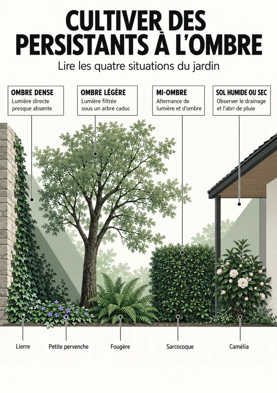 Infographie pour choisir une plante extérieur ombre persistant selon la lumière et l’humidité du sol
