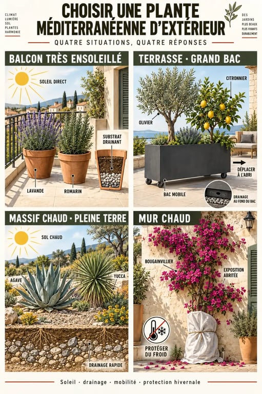 Infographie sur le choix d’une plante méditerranéenne d’extérieur selon le balcon, la terrasse ou le jardin