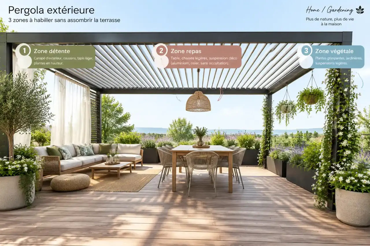 Décoration de pergola extérieure : 3 zones à habiller sans assombrir la terrasse