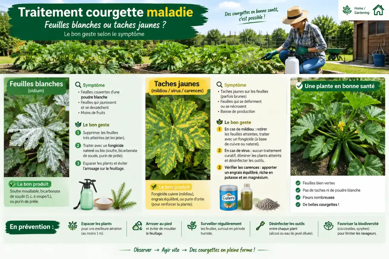 Traitement courgette maladie : feuilles blanches ou taches jaunes, le bon geste selon le symptôme