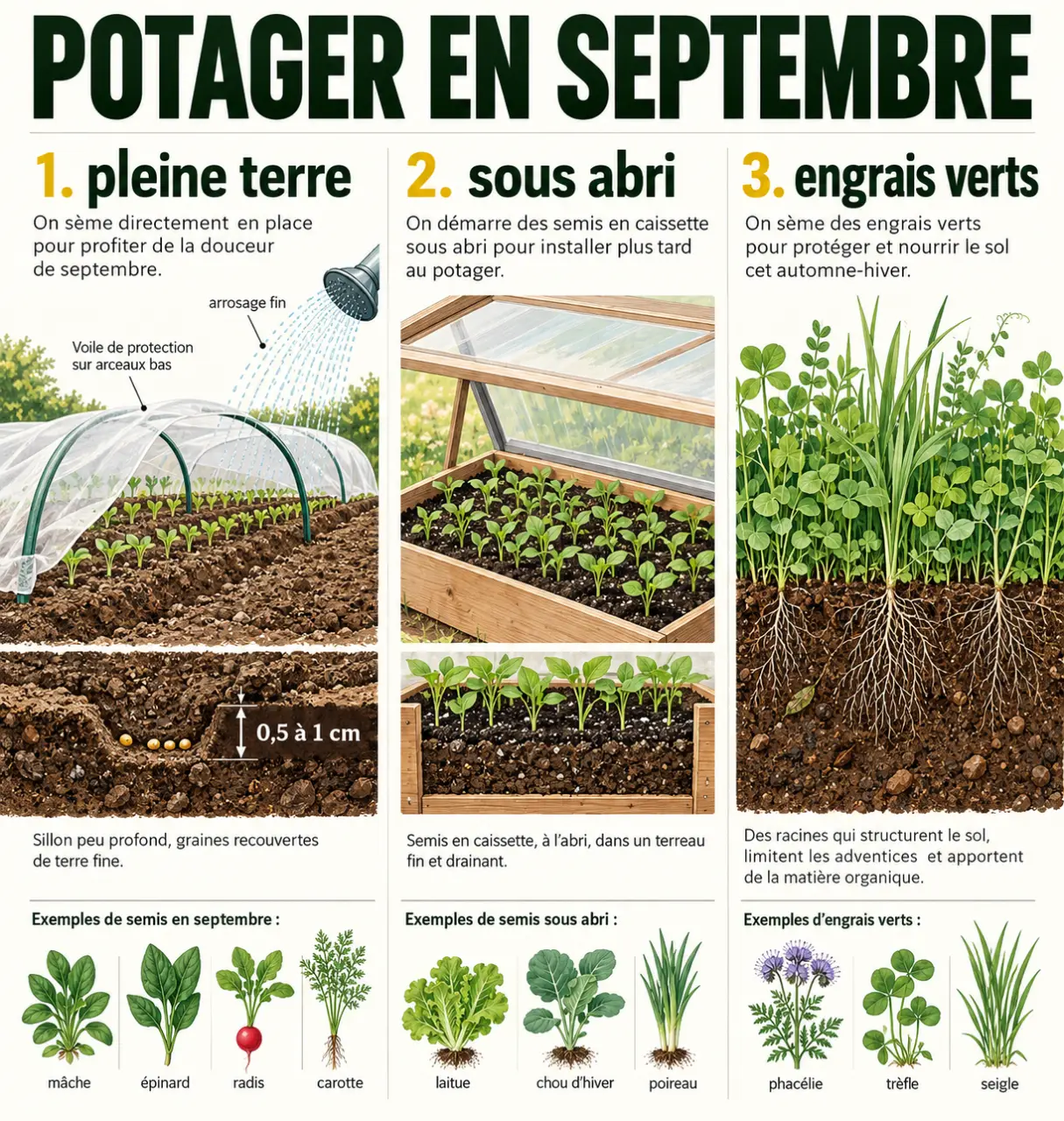 Infographie illustrée pour semer en septembre : pleine terre, semis sous abri, profondeur et protection