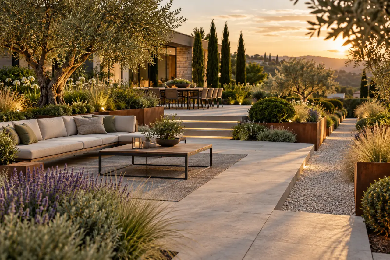 Décoration de jardin moderne : une composition sobre, des matières durables et des zones bien dessinées