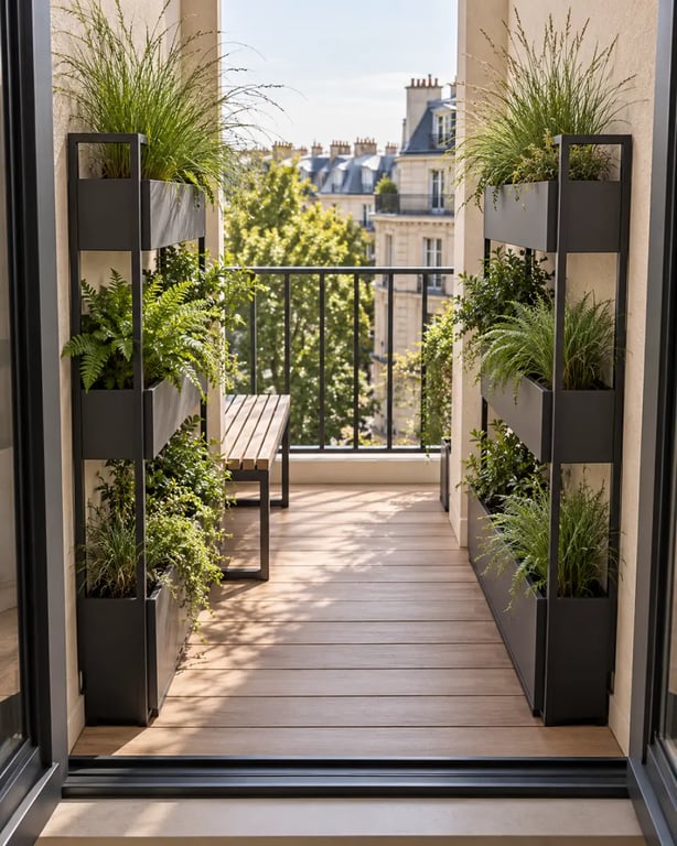 Décoration de jardin moderne sur petit balcon avec jardinières verticales et éclairage doux