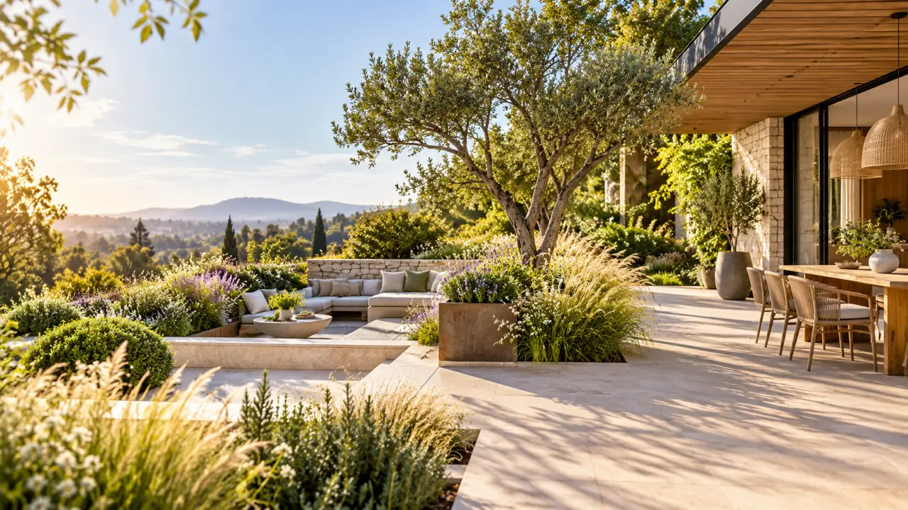 Terrasse paysagée végétalisée aménagée comme un lieu de vie
