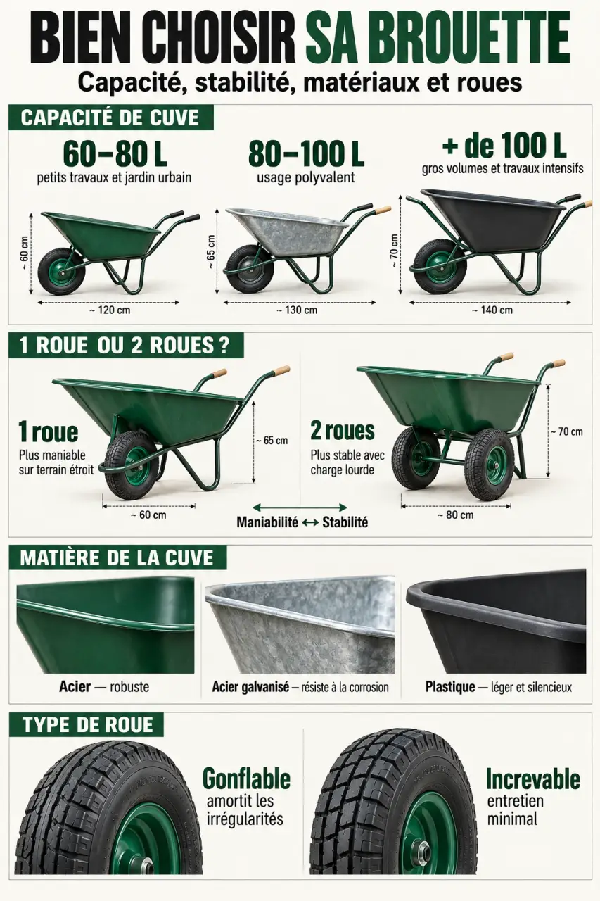 Infographie pour choisir une brouette pour jardinage selon la capacité, les roues et le matériau