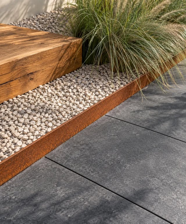 Décoration de jardin moderne associant acier corten, gravier, pierre, bois et graminées