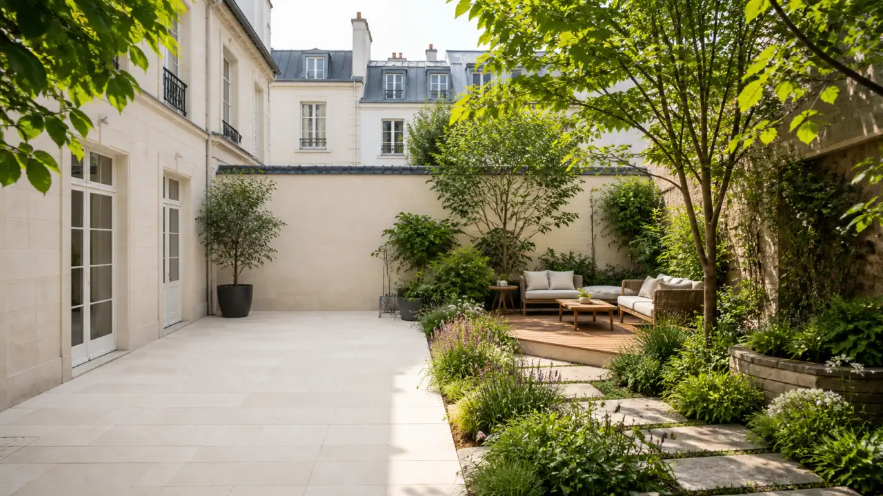 Avant/après d’une cour minérale transformée en jardin habité