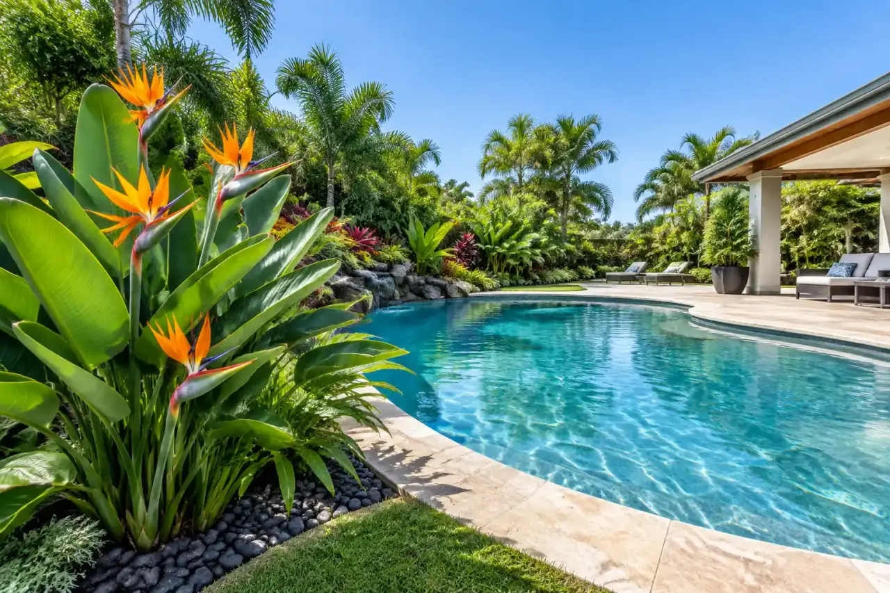 Une plante exotique au bord de la piscine, un décor luxuriant qui reste facile à entretenir