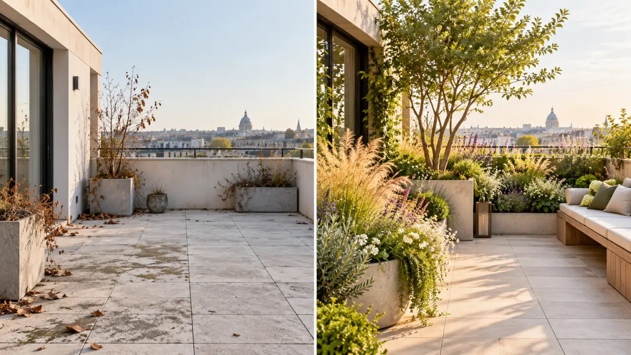 Transformation d’une terrasse oubliée en jardin vivant, du croquis paysager au résultat final