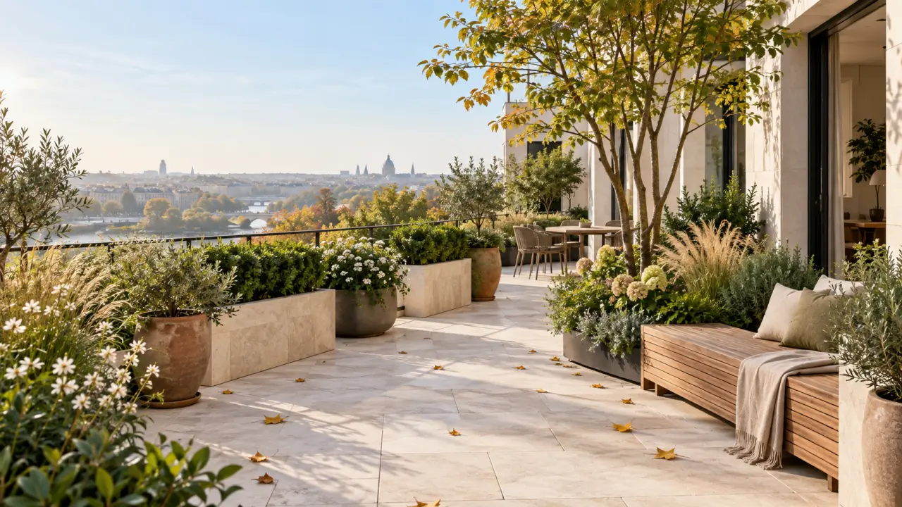 Terrasse paysagée contemporaine en bois entourée de végétation luxuriante