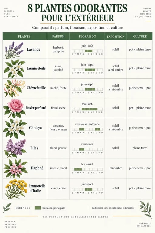 Infographie comparative de plantes odorantes extérieures selon leur parfum, floraison et exposition